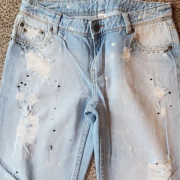 Free People | Distressed & Bedazzeled Light Blue Jeans - Picture 4 of 14